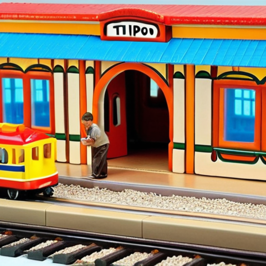 A beautifully detailed, miniature Titipo train station toy, showcasing intricate realism with tiny doors, windows, and signposts. A child (around 5 years old, with cultural features common in the Middle East) is engrossed in imaginative play, a small train on the tracks, eyes sparkling with wonder. The setting is warm and inviting, highlighting the toy's vibrant yet soothing colors and its ability to spark boundless creativity.