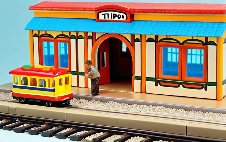 A beautifully detailed, miniature Titipo train station toy, showcasing intricate realism with tiny doors, windows, and signposts. A child (around 5 years old, with cultural features common in the Middle East) is engrossed in imaginative play, a small train on the tracks, eyes sparkling with wonder. The setting is warm and inviting, highlighting the toy's vibrant yet soothing colors and its ability to spark boundless creativity.