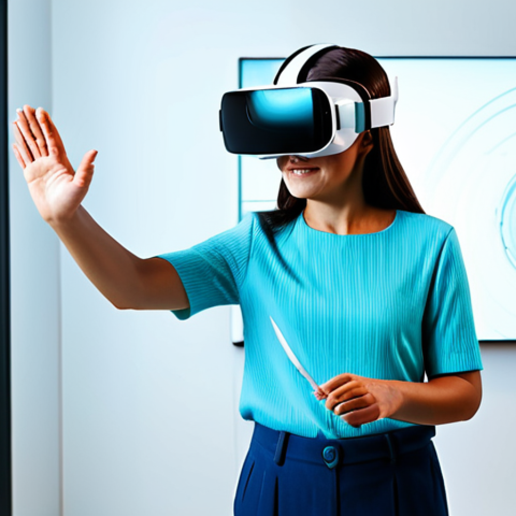 A professional, middle-aged woman in a modest business casual outfit stands in a brightly lit, futuristic creative studio, observing a child wearing a sleek virtual reality headset. The child is reaching out, interacting with a vividly rendered, classic-style animated character that seamlessly blends nostalgic charm with modern 3D aesthetics. Holographic displays in the background showcase conceptual animation designs and digital art tools, emphasizing the fusion of traditional storytelling and cutting-edge technology. Perfect anatomy, correct proportions, natural pose, well-formed hands, proper finger count, natural body proportions. Safe for work, appropriate content, fully clothed, professional, family-friendly, high quality, studio lighting, detailed.