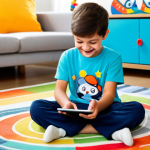 A young boy, approximately 7 years old, with a curious and joyful expression, fully clothed in a modest, comfortable t-shirt and trousers. He is seated on a soft, colorful rug in a brightly lit, modern playroom, deeply engaged with an educational game displayed on a tablet. The tablet screen features a friendly, stylized cartoon train character, reminiscent of Titipo. The background is clean and inviting, with a few age-appropriate, non-distracting toys. safe for work, appropriate content, fully clothed, family-friendly, perfect anatomy, correct proportions, natural pose, well-formed hands, proper finger count, natural body proportions, professional photography, high quality, vibrant colors, clean lines.