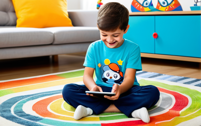 A young boy, approximately 7 years old, with a curious and joyful expression, fully clothed in a modest, comfortable t-shirt and trousers. He is seated on a soft, colorful rug in a brightly lit, modern playroom, deeply engaged with an educational game displayed on a tablet. The tablet screen features a friendly, stylized cartoon train character, reminiscent of Titipo. The background is clean and inviting, with a few age-appropriate, non-distracting toys. safe for work, appropriate content, fully clothed, family-friendly, perfect anatomy, correct proportions, natural pose, well-formed hands, proper finger count, natural body proportions, professional photography, high quality, vibrant colors, clean lines.