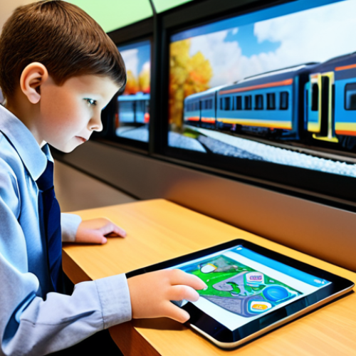 A young, curious child, around 7 years old, dressed in modest, casual clothing, looking intently at a tablet displaying a vibrant, friendly animated train character. Beside the child, a parent in professional, appropriate attire gently points towards a detailed miniature model of a futuristic, high-speed train on a table. The setting is a bright, modern children's museum exhibit, with other educational displays subtly blurred in the background. The scene conveys a sense of wonder, learning, and the bridge between imagination and real-world technology. Perfect anatomy, correct proportions, natural pose, well-formed hands, proper finger count, natural body proportions. Safe for work, appropriate content, fully clothed, family-friendly, professional photography, high quality, realistic rendering.