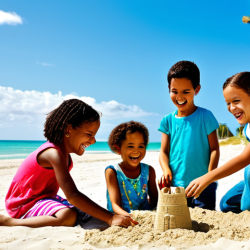 **

A group of diverse children, fully clothed in modest, colorful clothing appropriate for playing outdoors, are laughing and building a sandcastle together on a sunny beach. In the background, a calm, turquoise sea stretches towards the horizon under a clear blue sky with fluffy clouds. Palm trees sway gently in the breeze. Focus on the children's joyful expressions and the vibrant colors of their clothing and surroundings. safe for work, appropriate content, professional, family-friendly, perfect anatomy, correct proportions, well-formed hands, proper finger count, natural pose.

**