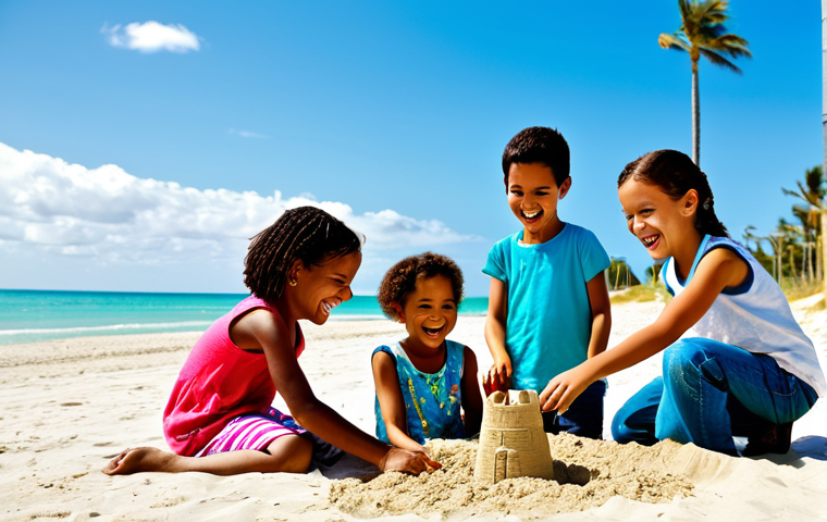 **

A group of diverse children, fully clothed in modest, colorful clothing appropriate for playing outdoors, are laughing and building a sandcastle together on a sunny beach. In the background, a calm, turquoise sea stretches towards the horizon under a clear blue sky with fluffy clouds. Palm trees sway gently in the breeze. Focus on the children's joyful expressions and the vibrant colors of their clothing and surroundings. safe for work, appropriate content, professional, family-friendly, perfect anatomy, correct proportions, well-formed hands, proper finger count, natural pose.

**