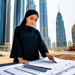 A professional female architect, fully clothed in a modest, stylish abaya, reviewing blueprints on a construction site in Dubai, UAE. Modern skyscrapers in the background. Safe for work, appropriate content, perfect anatomy, natural proportions, professional.