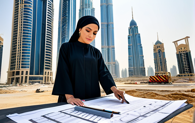 A professional female architect, fully clothed in a modest, stylish abaya, reviewing blueprints on a construction site in Dubai, UAE. Modern skyscrapers in the background. Safe for work, appropriate content, perfect anatomy, natural proportions, professional.