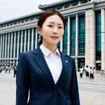 A professional businesswoman in a modest, tailored business suit, standing confidently in front of the Seoul Station, fully clothed, appropriate attire, safe for work, perfect anatomy, natural proportions, professional photography, high quality, family-friendly.