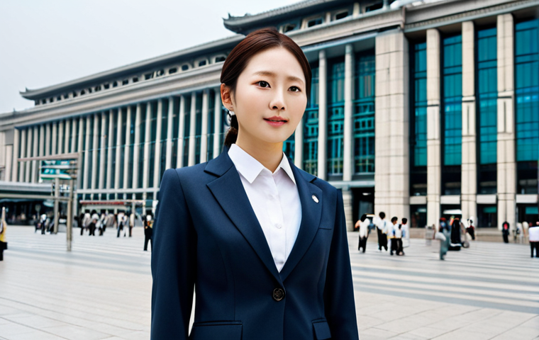 A professional businesswoman in a modest, tailored business suit, standing confidently in front of the Seoul Station, fully clothed, appropriate attire, safe for work, perfect anatomy, natural proportions, professional photography, high quality, family-friendly.