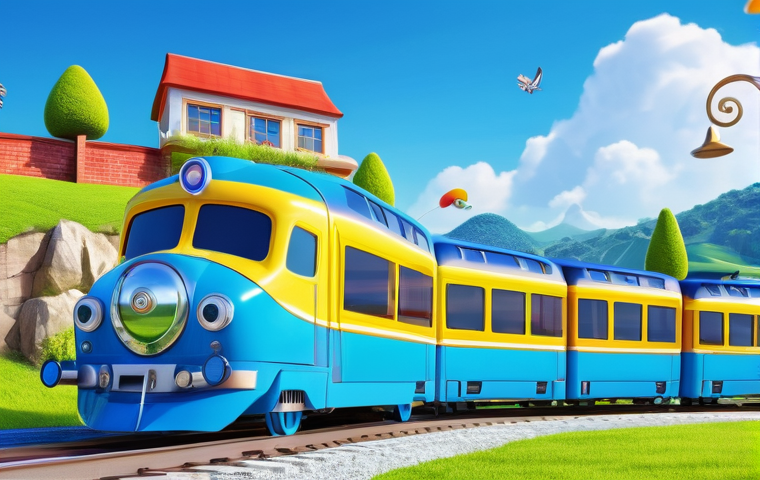 띠띠뽀 연관 애니메이션 비교 - A vibrant and cheerful 3D animated scene set in "Choo Choo Town," featuring Titipo, the brave blue t...