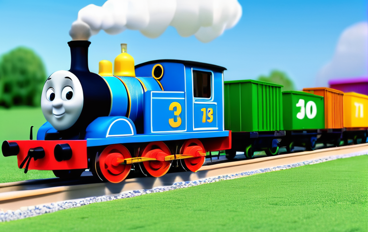 띠띠뽀 연관 애니메이션 비교 - A vibrant and cheerful 3D animated scene set in "Choo Choo Town," featuring Titipo, the brave blue t...