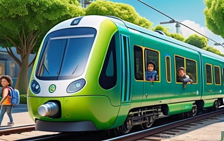 띠띠뽀와 친환경 교통수단 - **Prompt:** A heartwarming, bright, and hopeful scene depicting diverse children, aged 6-10, engaged...