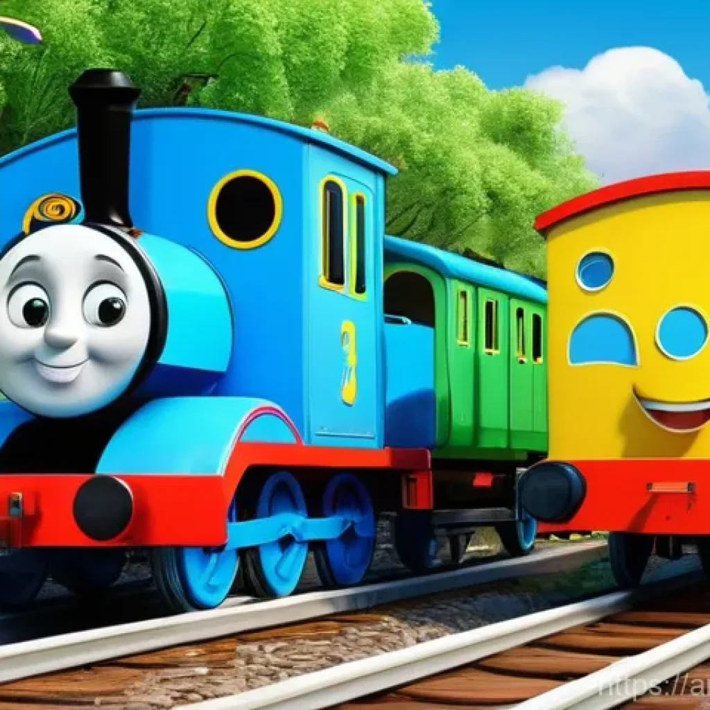 띠띠뽀 배경 속 숨은 이야기 - "A joyful and vibrant animated scene depicting Titipo, the friendly yellow train, alongside his frie...