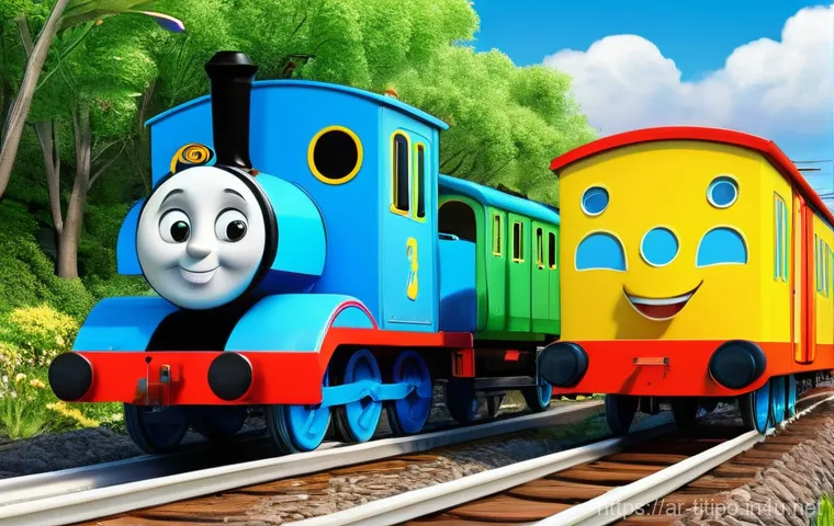 띠띠뽀 배경 속 숨은 이야기 - "A joyful and vibrant animated scene depicting Titipo, the friendly yellow train, alongside his frie...