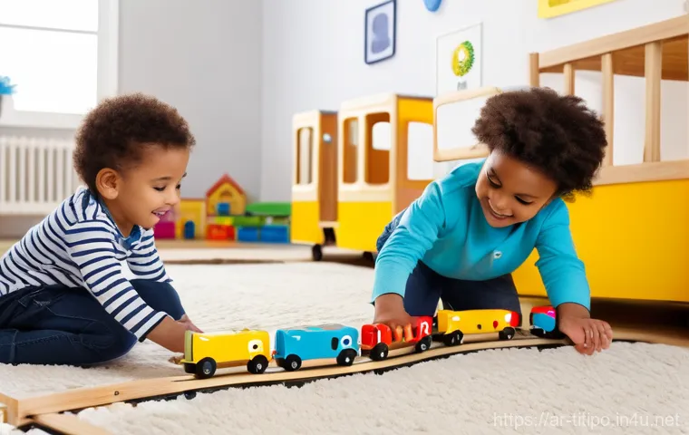 띠띠뽀 배경 속 숨은 이야기 - "A joyful and vibrant animated scene depicting Titipo, the friendly yellow train, alongside his frie...