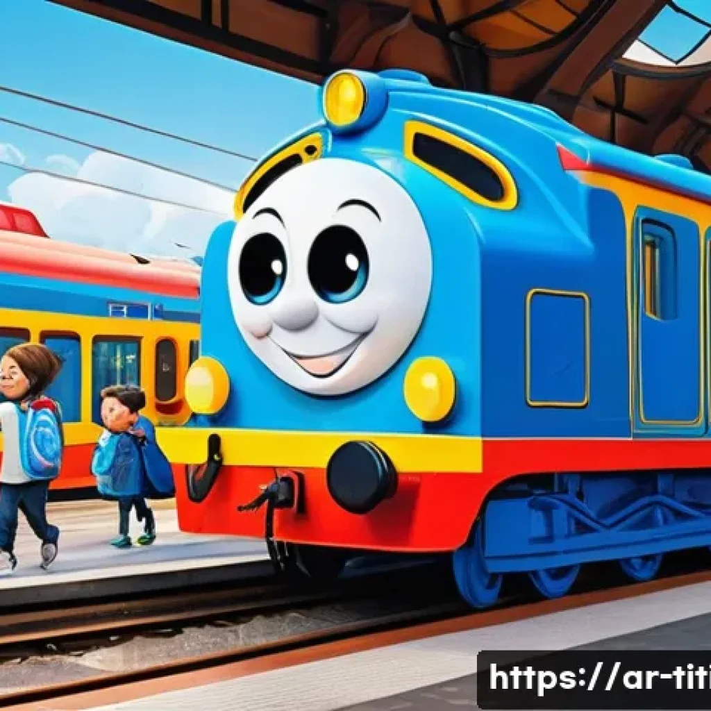 띠띠뽀와 글로벌 애니메이션 시장의 연계 - A vibrant and cheerful scene at a bustling train station, filled with bright primary colors. The mai...