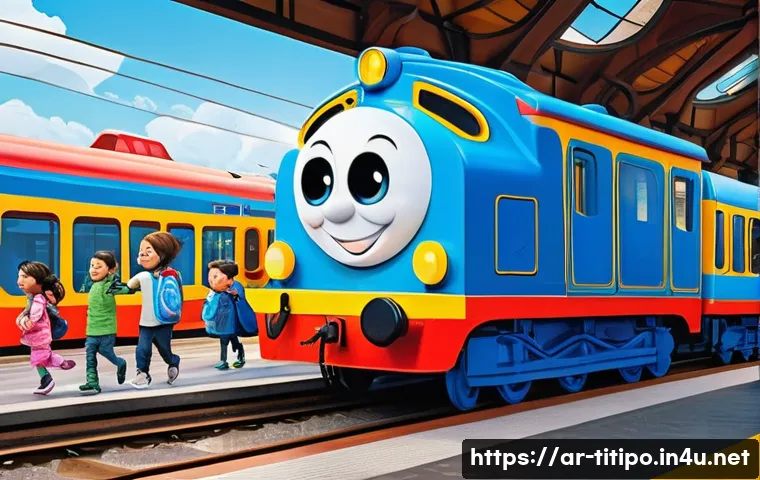 띠띠뽀와 글로벌 애니메이션 시장의 연계 - A vibrant and cheerful scene at a bustling train station, filled with bright primary colors. The mai...