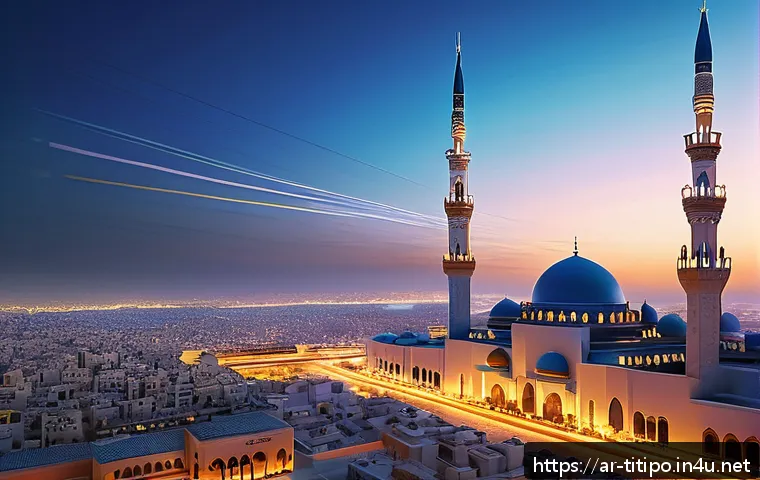 띠띠뽀와 협력한 정부 프로젝트 - A futuristic Middle Eastern cityscape at dusk, featuring advanced digital infrastructure with glowin...
