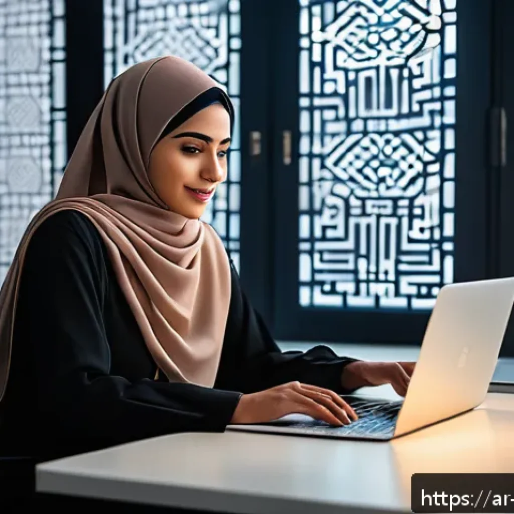 띠띠뽀의 지속 가능한 콘텐츠 개발 - A modern digital content creator workspace featuring an Arab professional woman wearing modest busin...