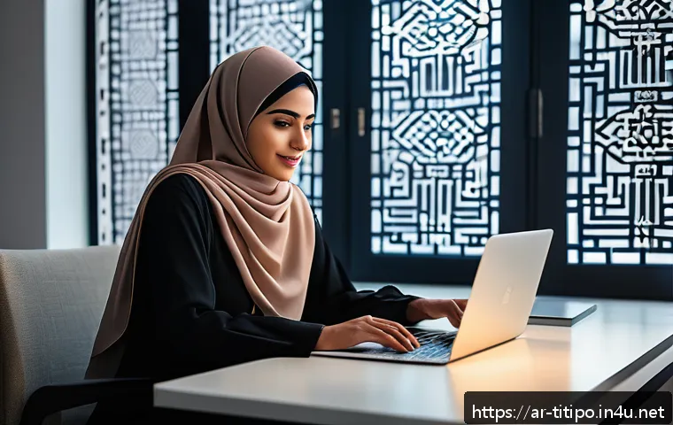 띠띠뽀의 지속 가능한 콘텐츠 개발 - A modern digital content creator workspace featuring an Arab professional woman wearing modest busin...