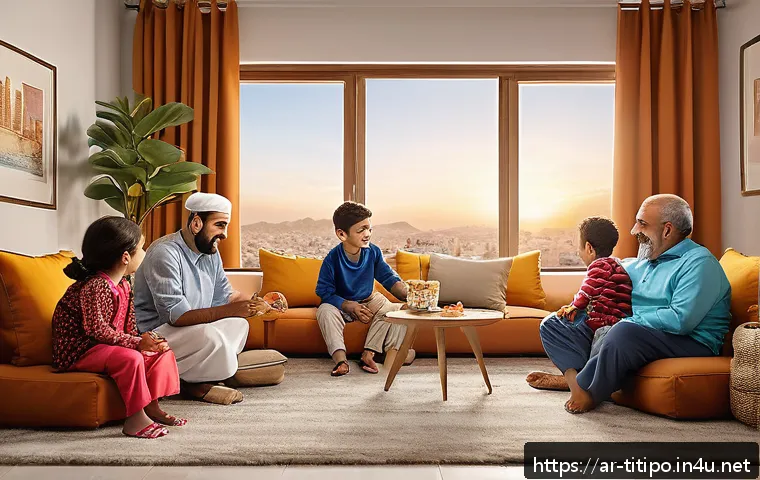 띠띠뽀와 관련된 역사적 배경 - A warm, multi-generational Arab family gathered in a cozy living room, watching an animated episode ...