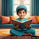 띠띠뽀 애니메이션의 혁신적 기술 - A vibrant 3D animated scene depicting an Arabic child wearing modest, colorful clothing interacting ...