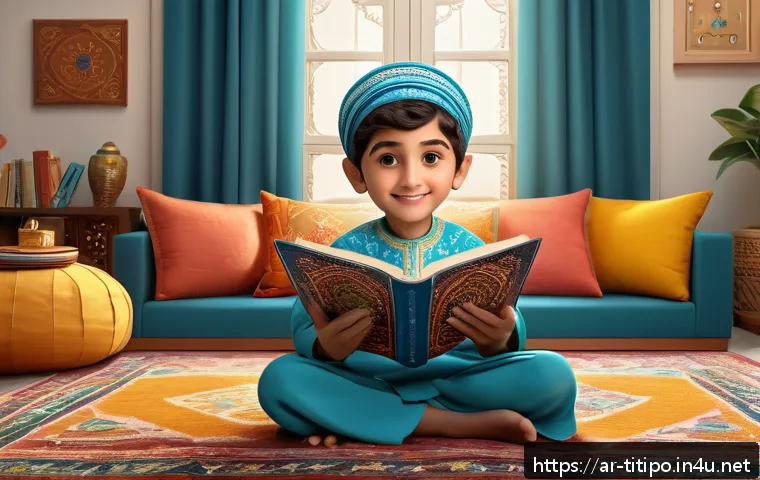 띠띠뽀 애니메이션의 혁신적 기술 - A vibrant 3D animated scene depicting an Arabic child wearing modest, colorful clothing interacting ...