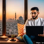 띠띠뽀 콘텐츠의 지속 가능성을 논의 - A modern digital content creator studio scene set in a Middle Eastern home, featuring an Arabic-spea...