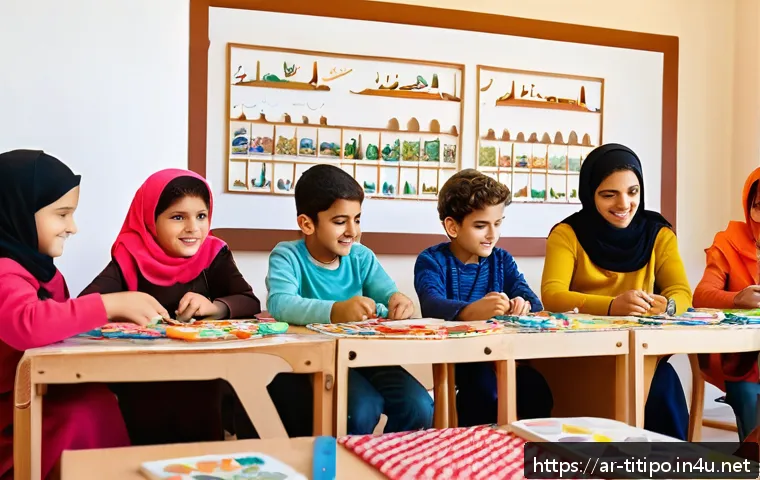 띠띠뽀와 관련된 새로운 프로젝트 - An engaging workshop scene where Arab children dressed in casual, modest attire participate in creat...