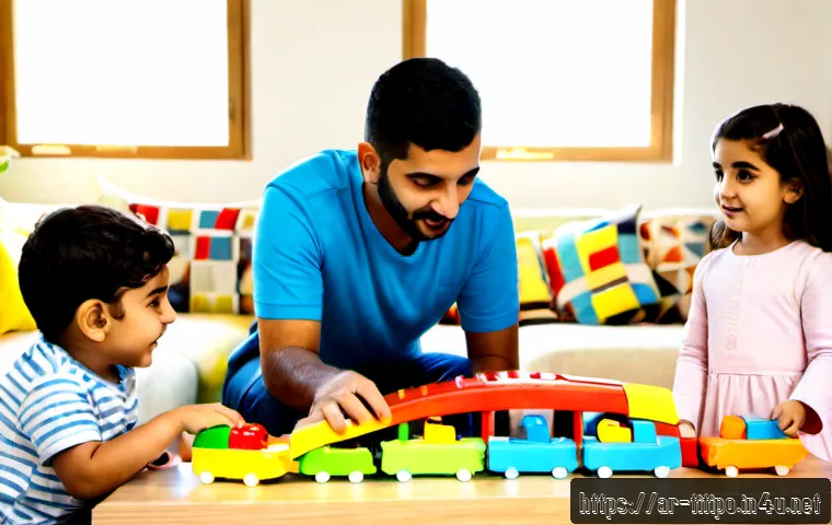 띠띠뽀 캐릭터별 명대사 - Photorealistic family living room in a modern Arab home, three colorful friendly toy trains with dis...