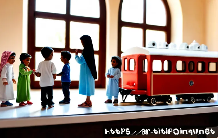 띠띠뽀와 세계 애니메이션의 교류 - Photorealistic family-friendly animation workshop in a modern Arab cultural center, a cheerful red-a...