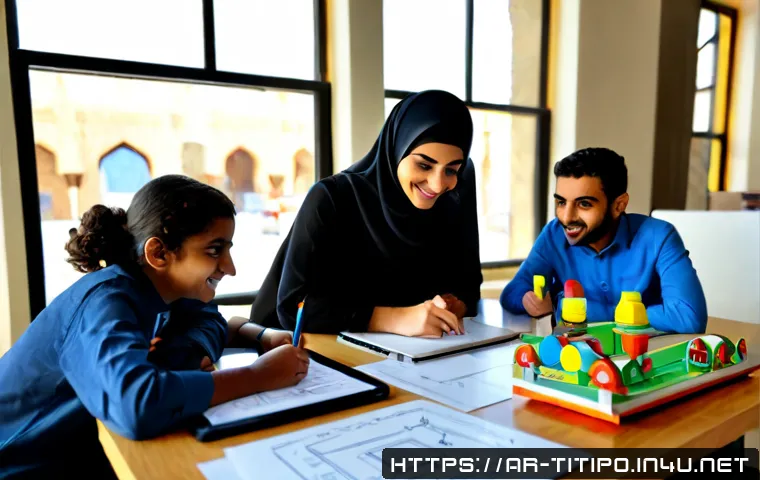 띠띠뽀와 새로운 콘텐츠 개발 프로젝트 - Photorealistic creative development studio in a modern Arab city, diverse Arab animation designers a...