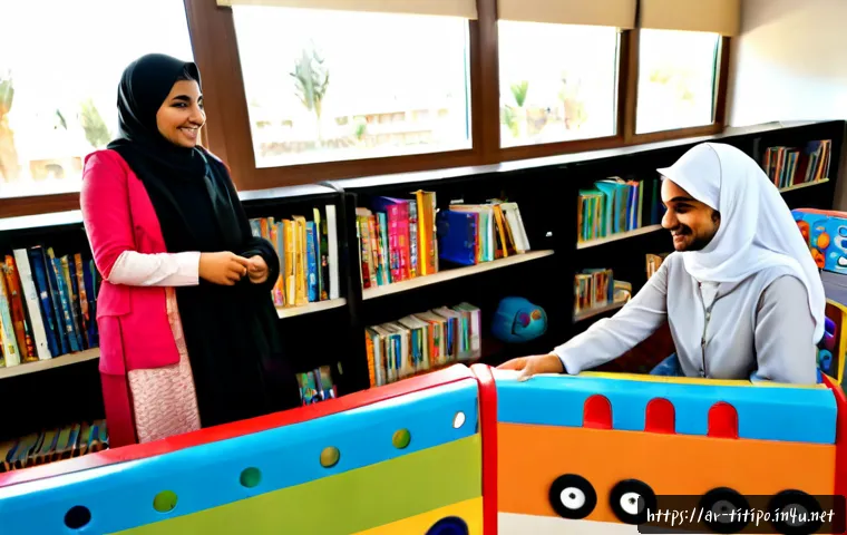 띠띠뽀 콘텐츠의 사회적 가치를 확장 - Photorealistic community learning scene in a modern Arab public library, diverse Arab children in mo...